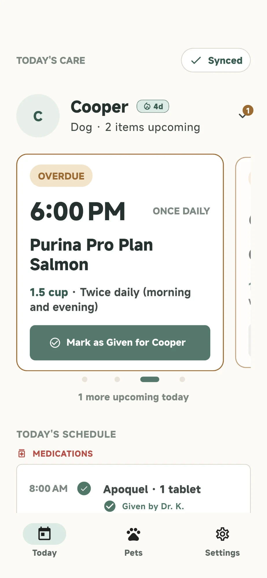 SteadyTails Today view showing a shared daily medication schedule with a dose marked Given by Alex, an upcoming dose with a one-tap Mark as given button, and caregiver avatars